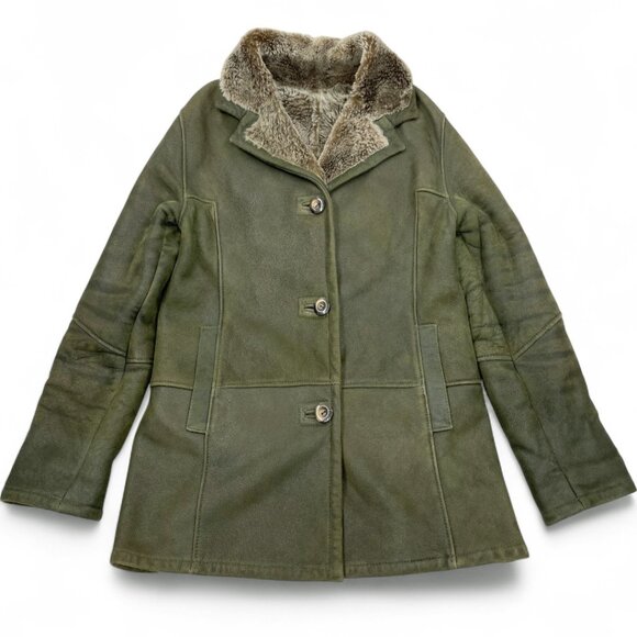 Wolff  Canada Shearling Sheepskin Olive Green Leather Fur Coat Jacket Women's L - Picture 4 of 12